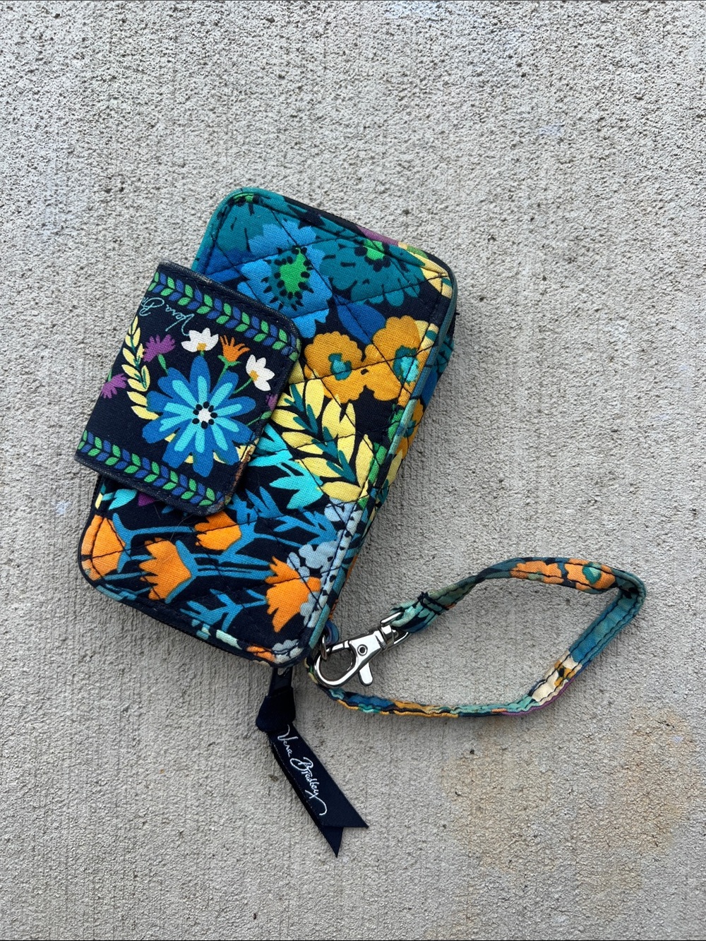 Vera Bradley Quilted Floral Wristlet in Navy, Teal & Yellow